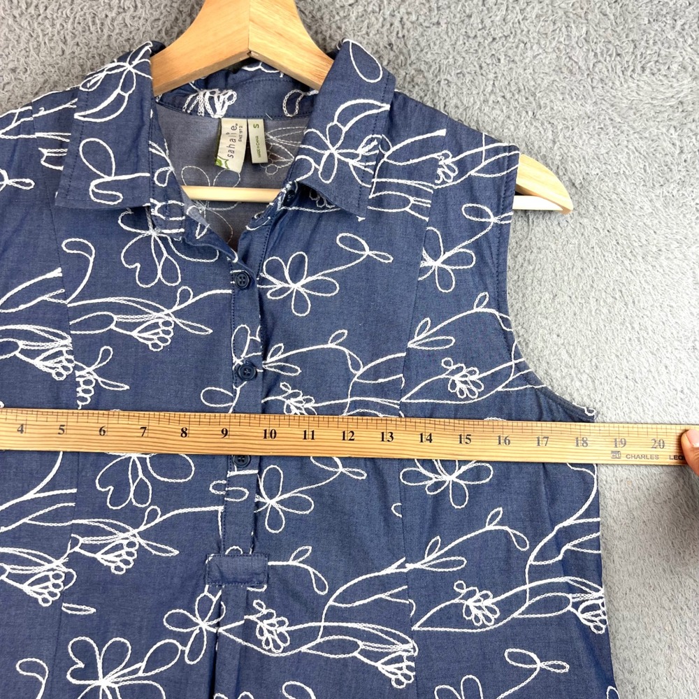 Sahalie Womens Blue Floral Embroidered Cotton Sleeveless A-Line Shirt Dress S - Picture 6 of 9